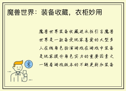 魔兽世界：装备收藏，衣柜妙用